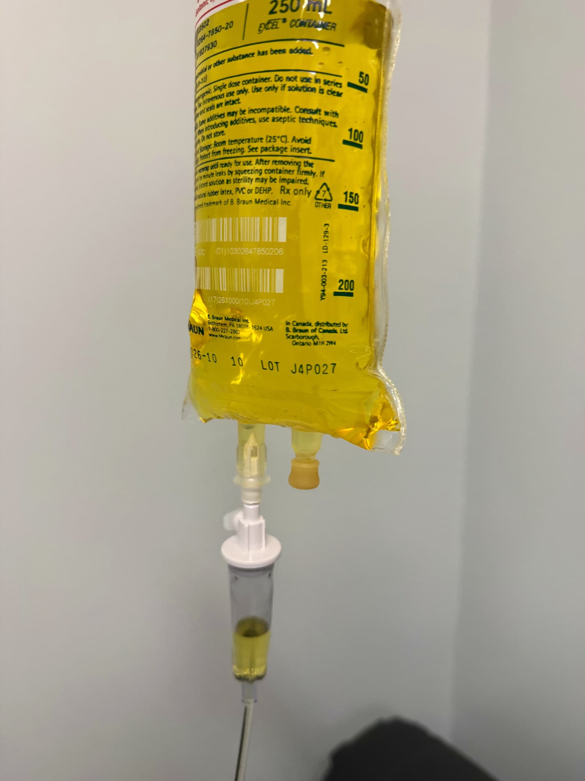 Close-up of IV therapy infusion bag at Dr. Morais ND clinic in Hamilton